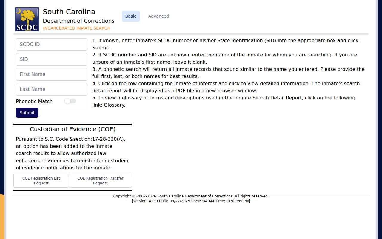SCDC state inmate lookup for Georgetown County criminal records