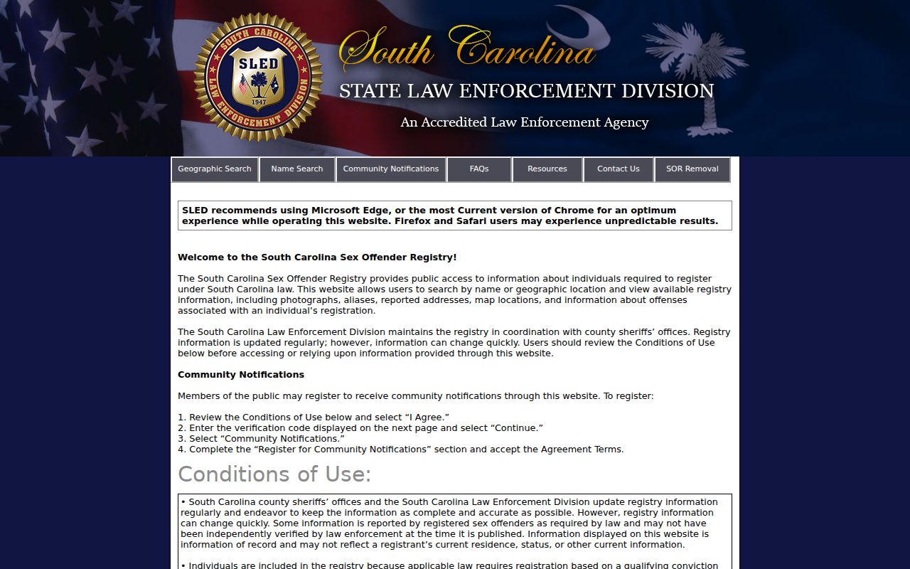 South Carolina SORT conditions for Georgetown County sex offender search