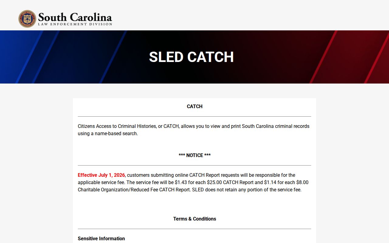 SLED CATCH Georgetown County criminal history search entry
