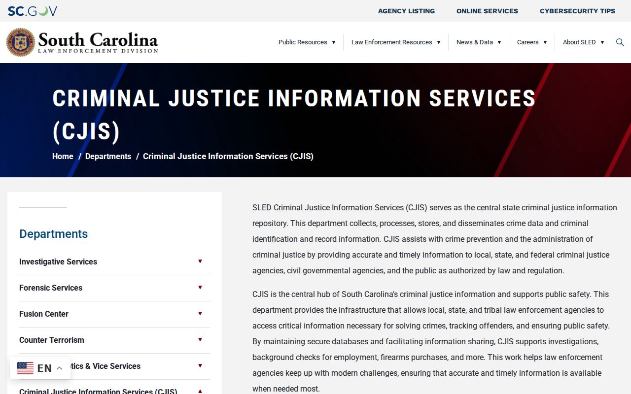 SLED CJIS repository for Georgetown County criminal record reporting